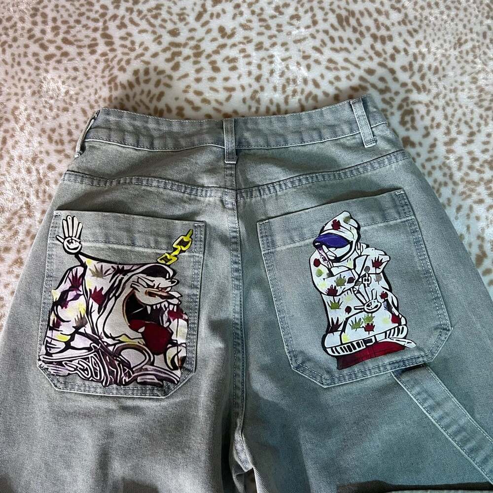 Unbranded Graphic Print Wide Leg Jeans Gray Denim Streetwear Y2K
